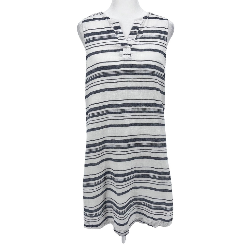 BeachLunchLounge Striped Shift Dress Womens XS White Navy Linen Blend Coastal